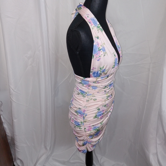 ZARA Light Pink Halter Neck Open Back Ruched Bodycon Mini Dress Womens Medium - Picture 12 of 15